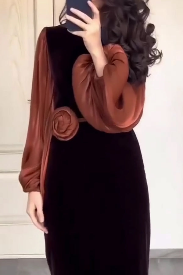 Women Elegant Color-Blocked Lantern Sleeve Floral Belt Dress