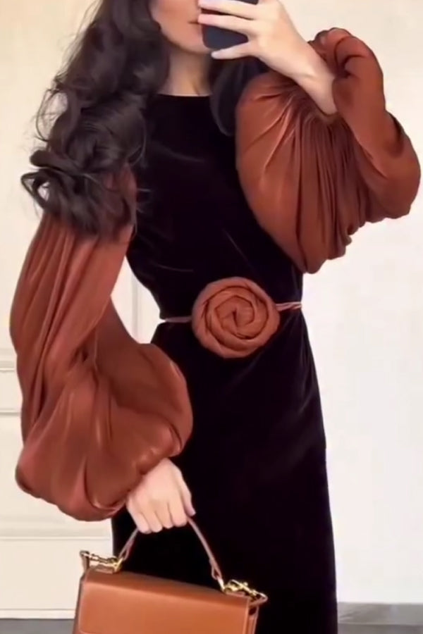 Women Elegant Color-Blocked Lantern Sleeve Floral Belt Dress