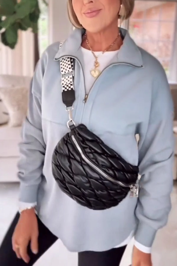 Women Cozy Casual Split-Panel Metal Zipper Pullover Sweatshirt