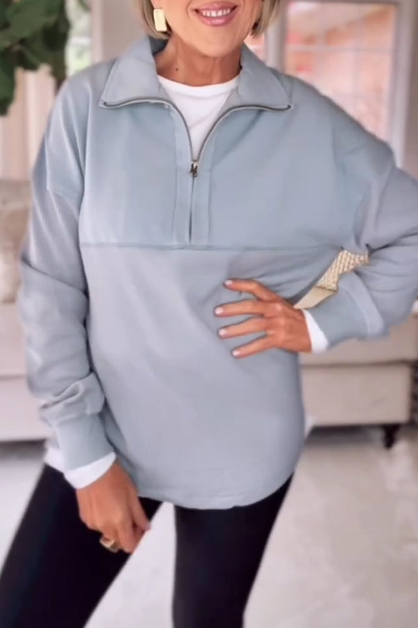 Women Cozy Casual Split-Panel Metal Zipper Pullover Sweatshirt