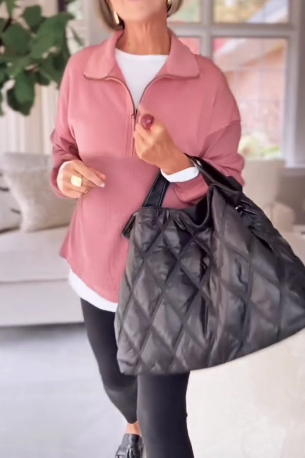 Women Cozy Casual Split-Panel Metal Zipper Pullover Sweatshirt