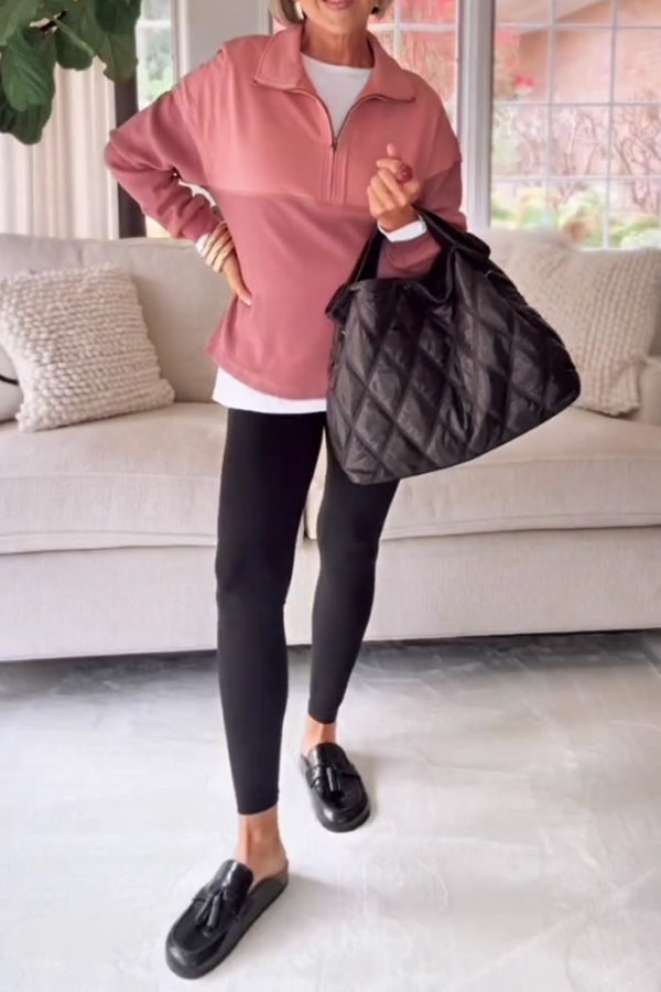 Women Cozy Casual Split-Panel Metal Zipper Pullover Sweatshirt