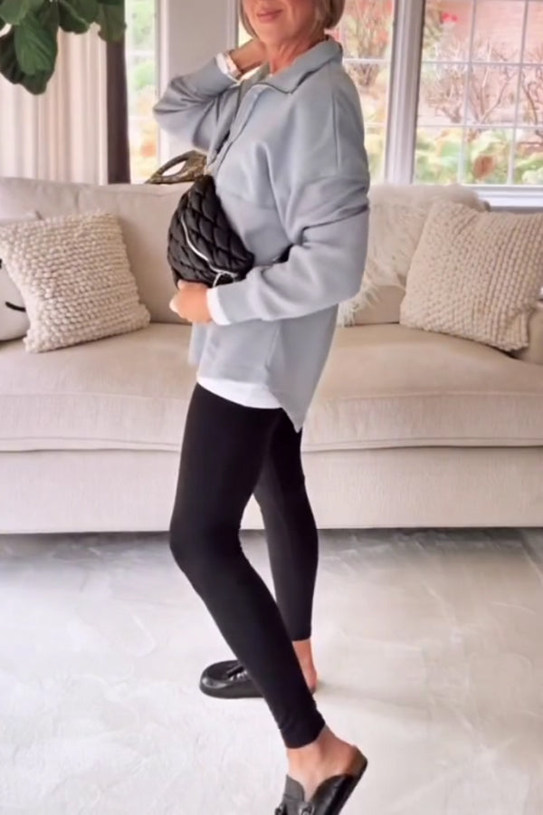 Women Cozy Casual Split-Panel Metal Zipper Pullover Sweatshirt