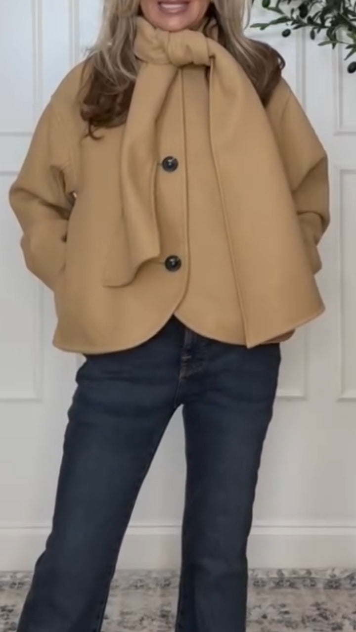 Women's Round Neck Button-down Coat + Scarf Set