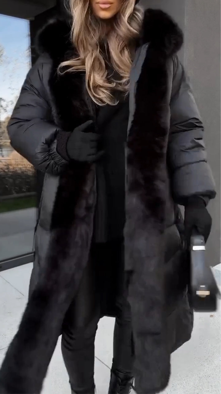 Women's Long Warm Cotton Coat with Fur Collar