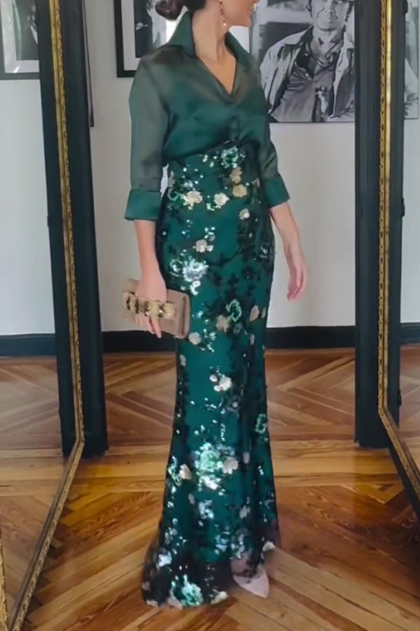 Women Elegant Sheer Organza Blouse + Sequin Embroidered Skirt Suit