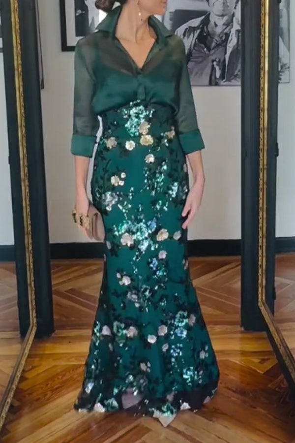 Women Elegant Sheer Organza Blouse + Sequin Embroidered Skirt Suit