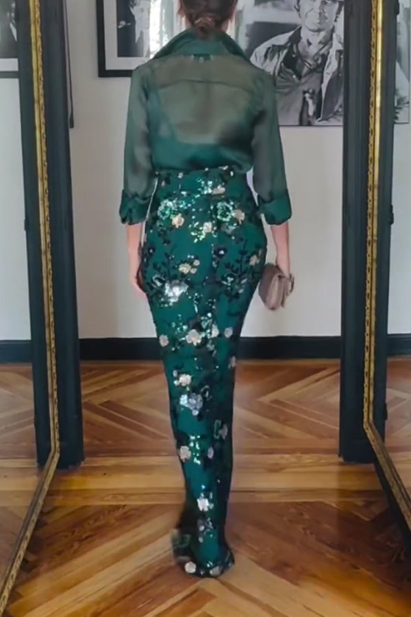 Women Elegant Sheer Organza Blouse + Sequin Embroidered Skirt Suit