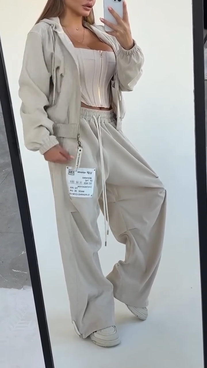 Women Hooded Drawstring Jacket + Pants Casual Suit