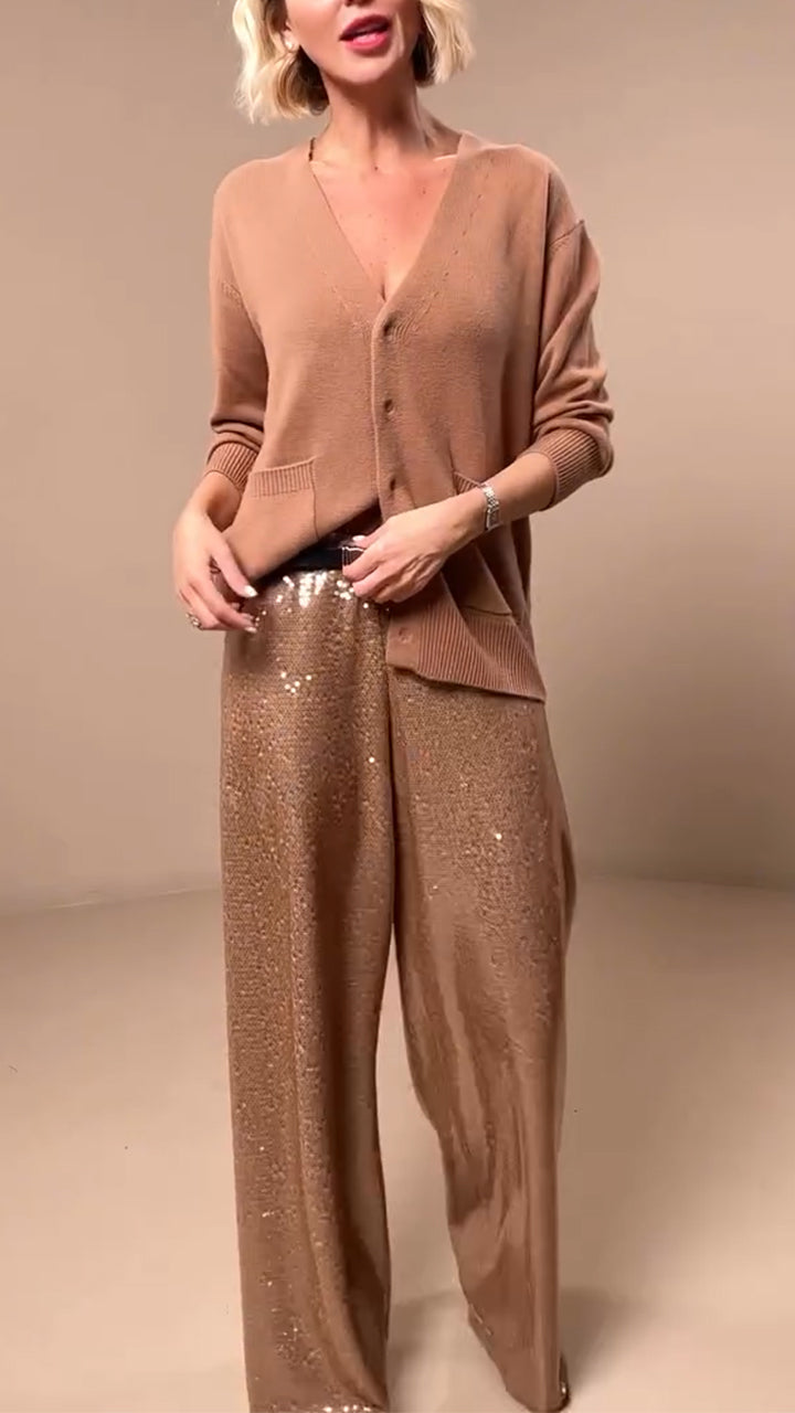 Women V-neck Knitted Cardigan + Sequined Pants Casual Suit