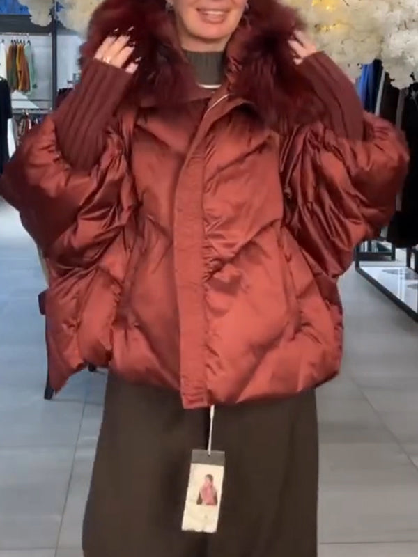 Ladies Fur Collar Spliced knitted Sleeves Casual Cotton Jacket