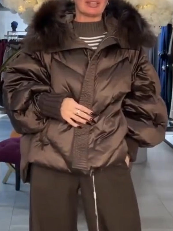 Ladies Fur Collar Spliced knitted Sleeves Casual Cotton Jacket