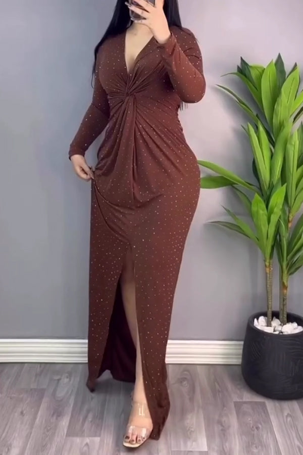 Women Elegant Party Shimmering Polka Dot Pleated Slit Dress