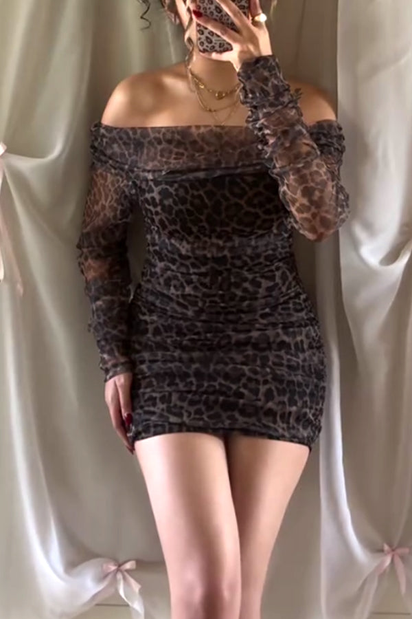 Women Sexy Party Leopard Print Mesh Off-Shoulder Ruffled Fitted Dress