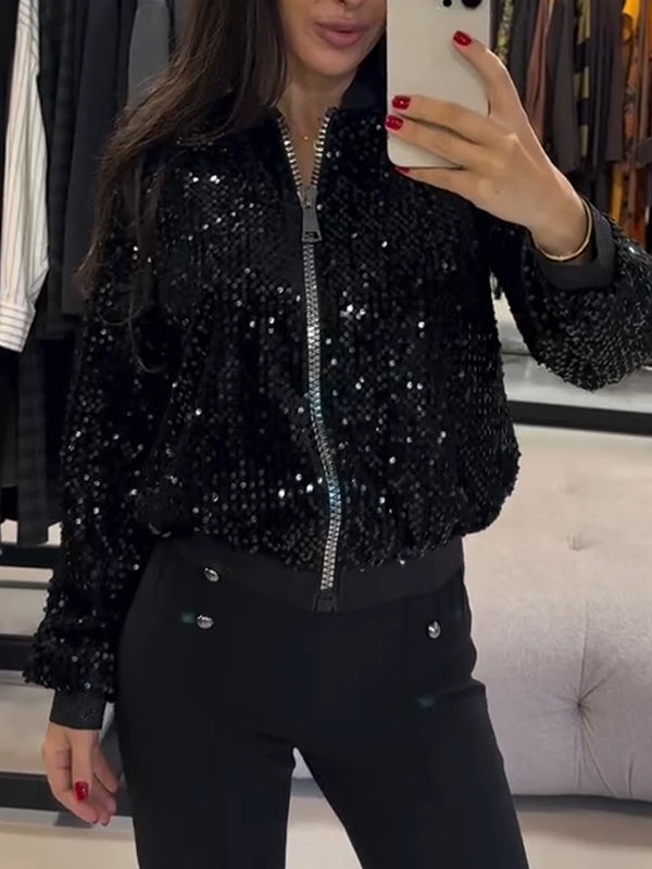 Women Round Neck Zip-up Sequined Glitter Casual Jacket