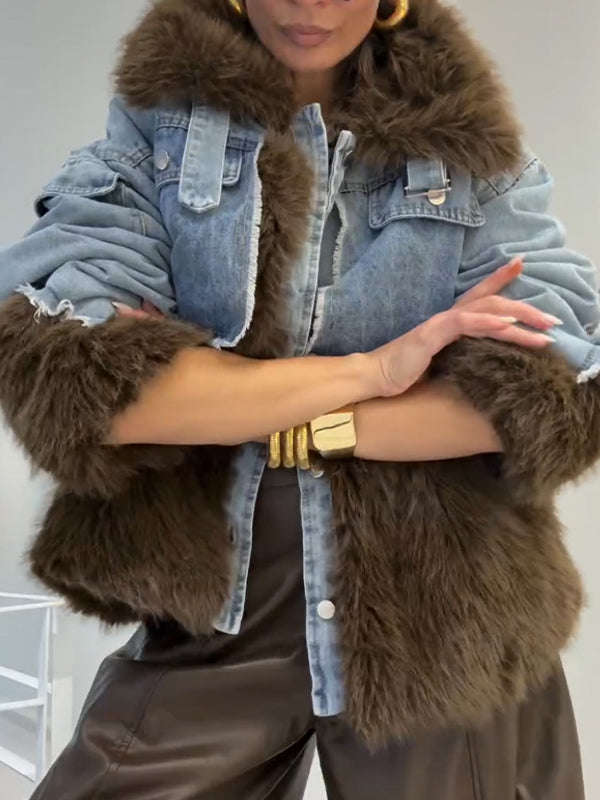 Womens Plush Patchwork Denim Temperament Casual Jacket