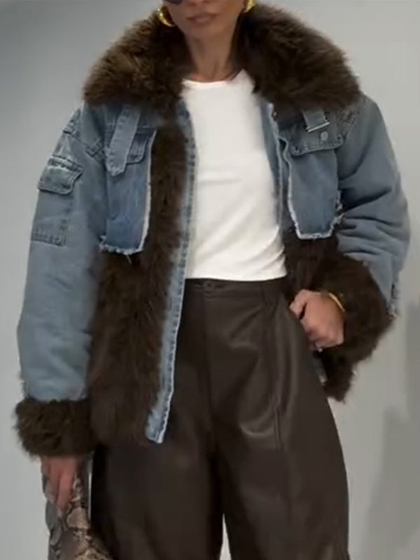 Womens Plush Patchwork Denim Temperament Casual Jacket