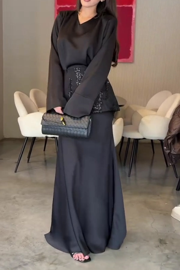 Women Elegant V-Neck Satin Embroidered Waist Belt Dress