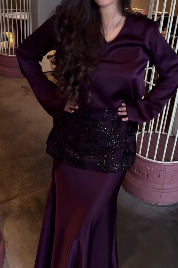 Women Elegant V-Neck Satin Embroidered Waist Belt Dress