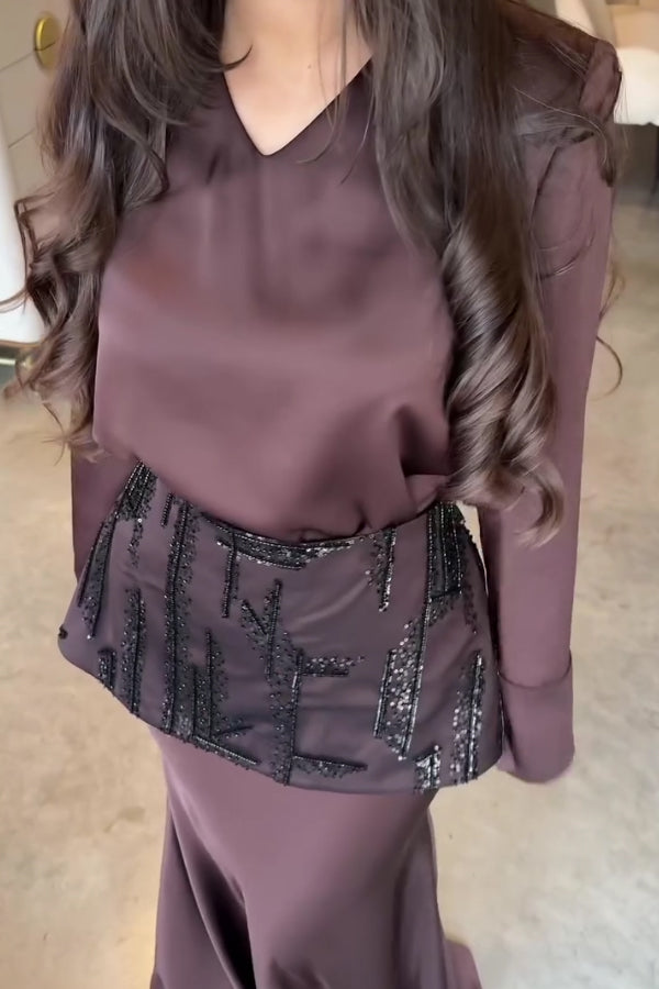 Women Elegant V-Neck Satin Embroidered Waist Belt Dress