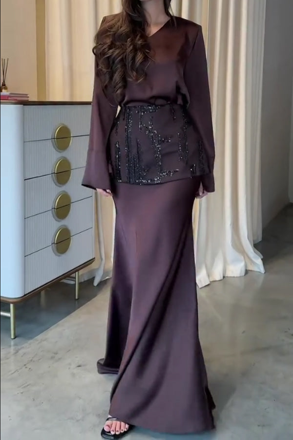 Women Elegant V-Neck Satin Embroidered Waist Belt Dress