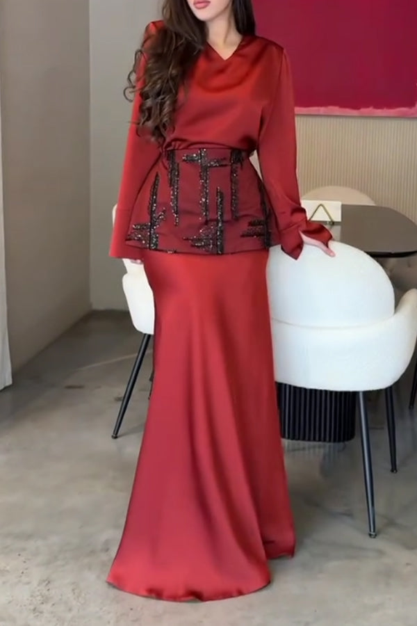 Women Elegant V-Neck Satin Embroidered Waist Belt Dress