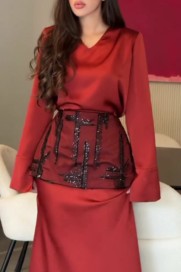 Women Elegant V-Neck Satin Embroidered Waist Belt Dress