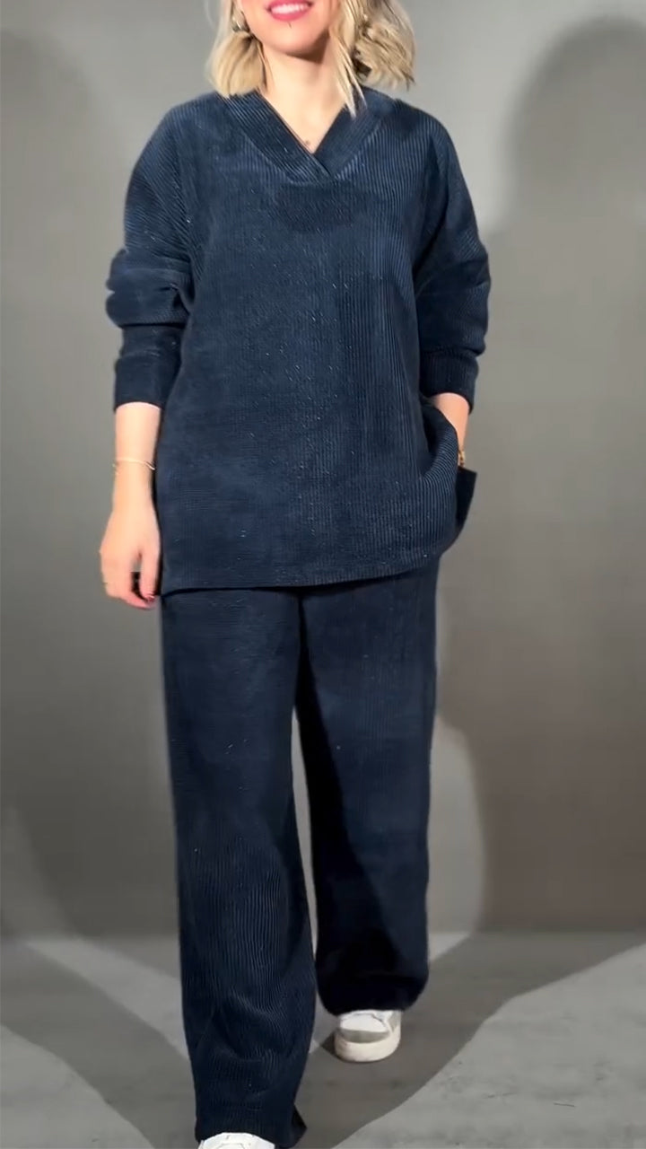 Women V-neck Solid Color Fine Glitter Casual Suit