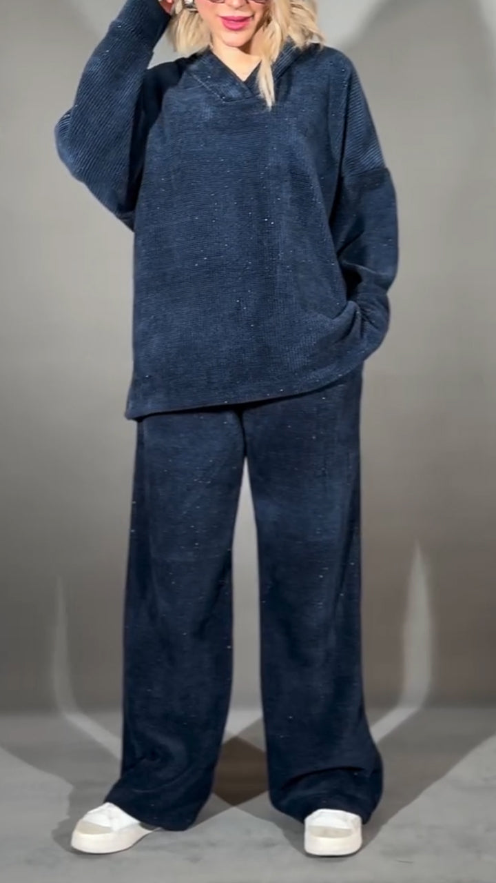 Women V-neck Solid Color Fine Glitter Casual Suit