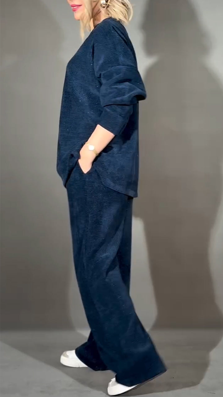 Women V-neck Solid Color Fine Glitter Casual Suit