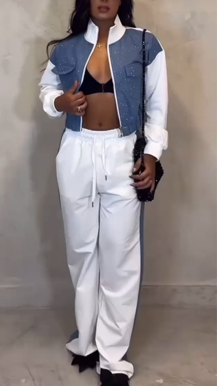 Women Stand Collar Patchwork Rhinestone Jacket + Trousers Casual Set