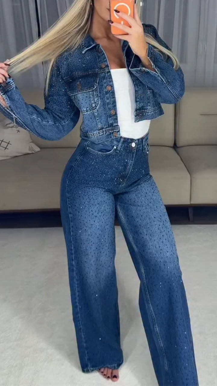 Women Lapel Rhinestone Washed Casual Denim Suit