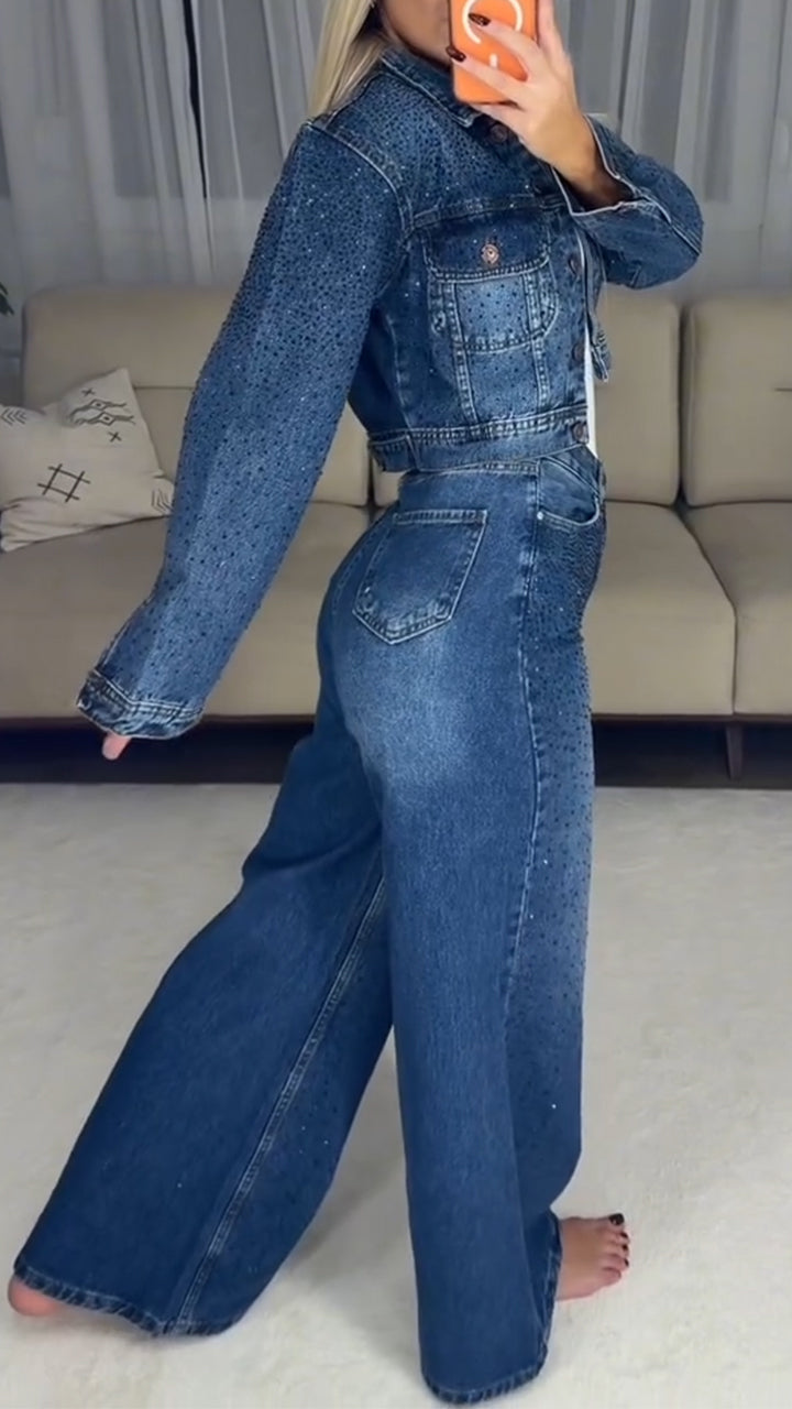 Women Lapel Rhinestone Washed Casual Denim Suit