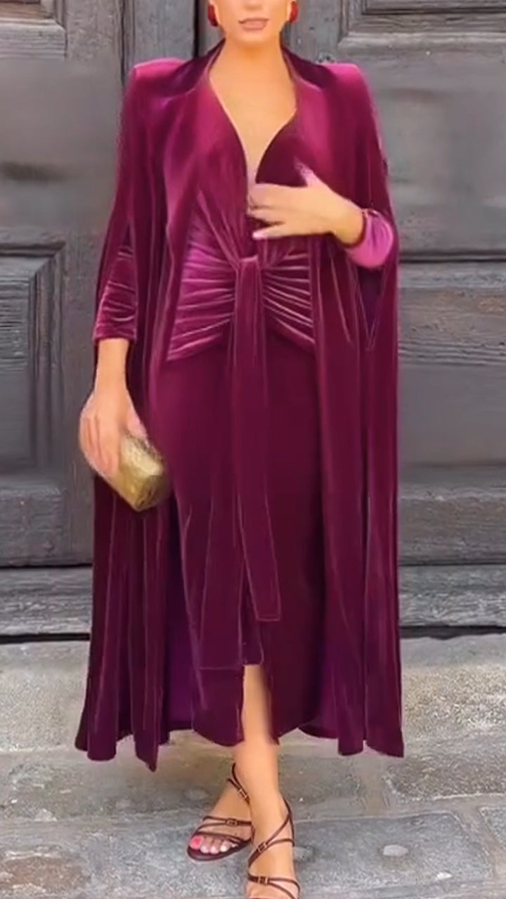 Ladies Interior Split Slim Fit Dress+ Cardigan Solid Color Elegant Temperament Set