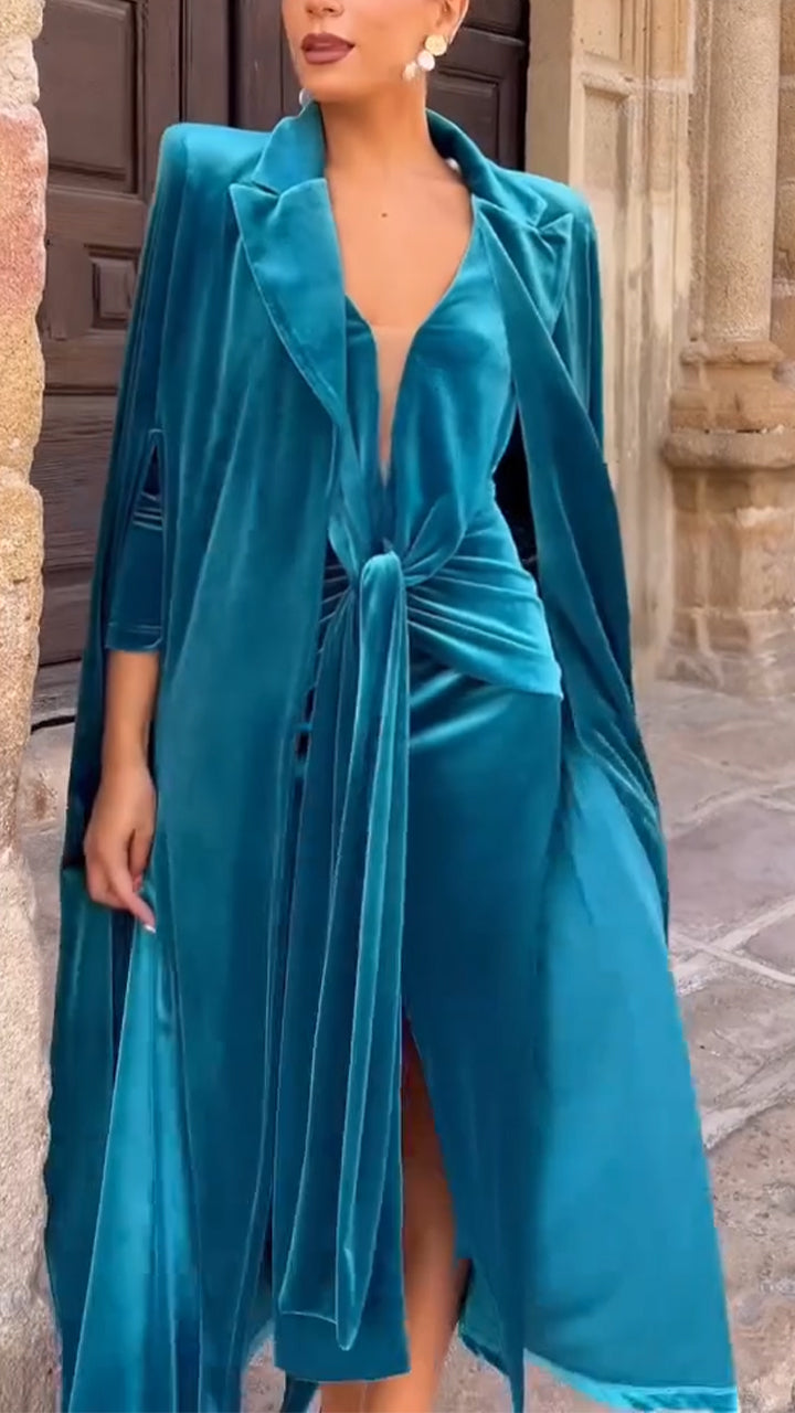 Ladies Interior Split Slim Fit Dress+ Cardigan Solid Color Elegant Temperament Set