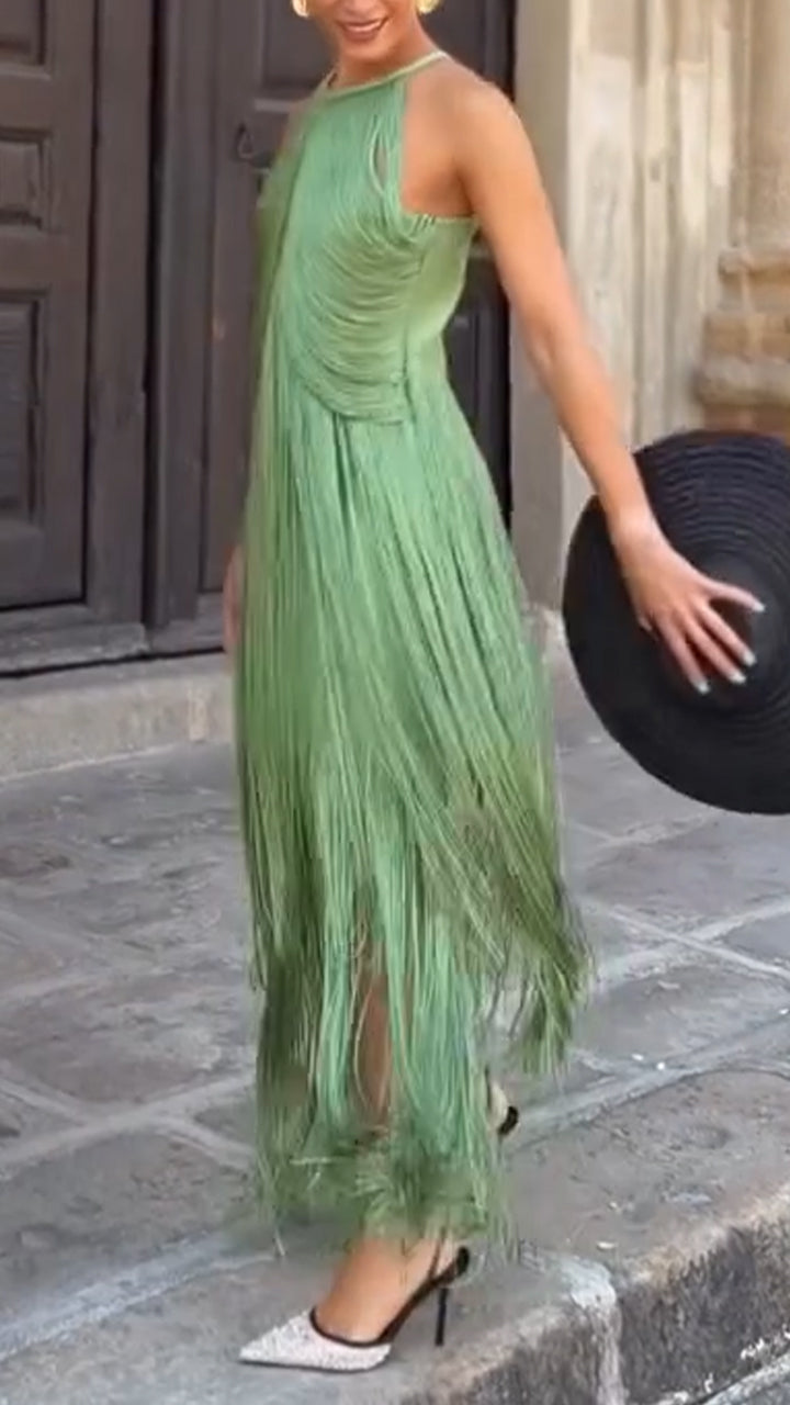 Women Halter Neck Tassel Solid Color Evening Party Dress