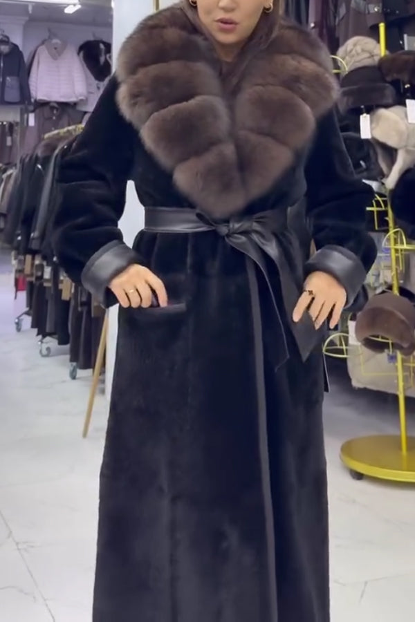Women Elegant Layered Fur Collar Tie-Waist Long Coat