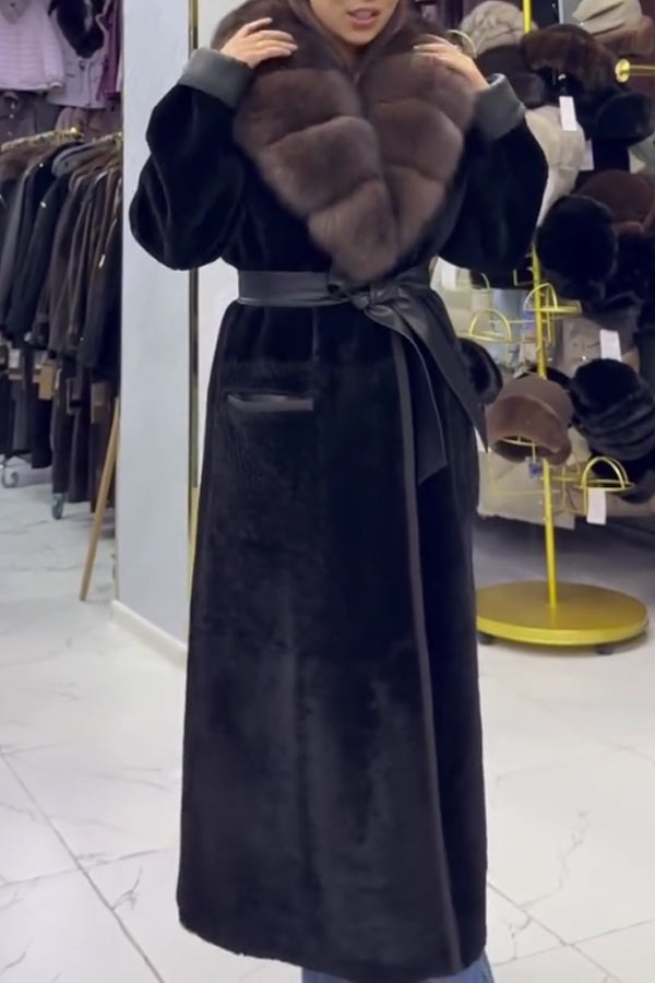 Women Elegant Layered Fur Collar Tie-Waist Long Coat