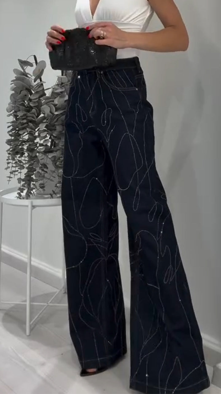 Women High-waisted Textured Rhinestone Casual Jeans