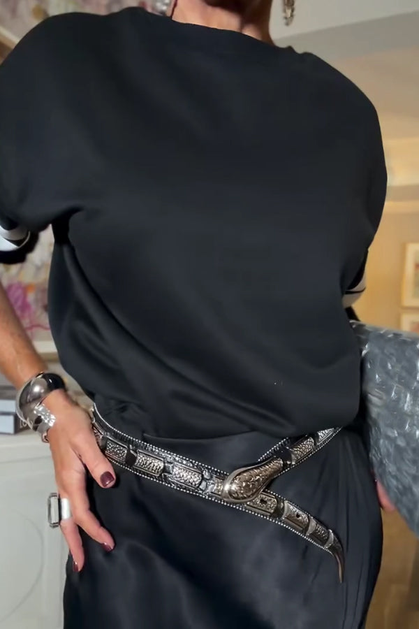 Women Cozy Casual Color-Blocked Striped Sleeve Crew Neck Sweatshirt