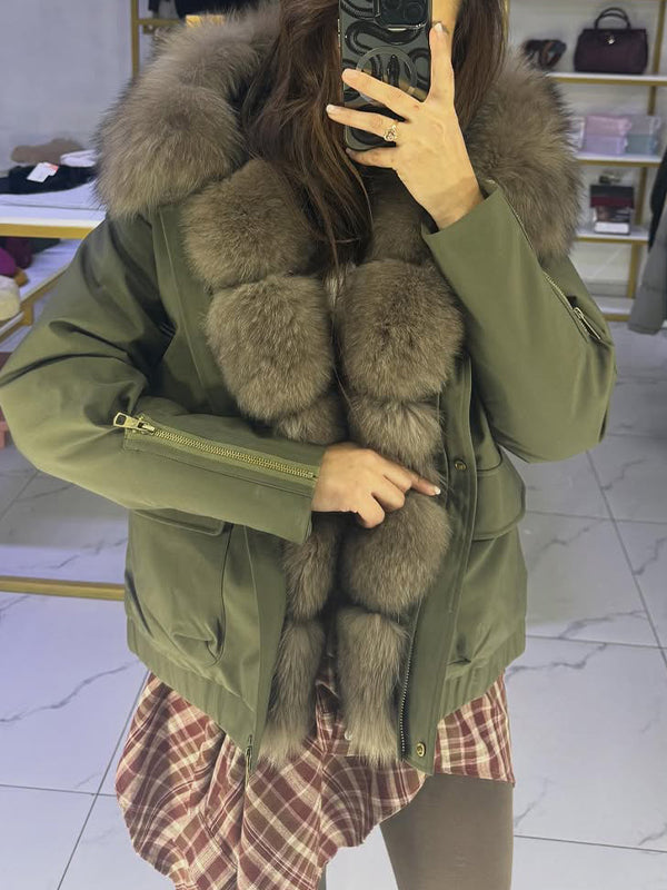 Women Fur Collar Hooded Patchwork Sleeve Zipper Leisure Cotton Jacket