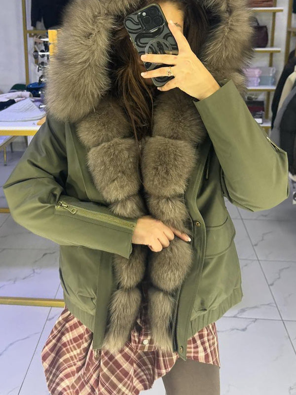 Women Fur Collar Hooded Patchwork Sleeve Zipper Leisure Cotton Jacket