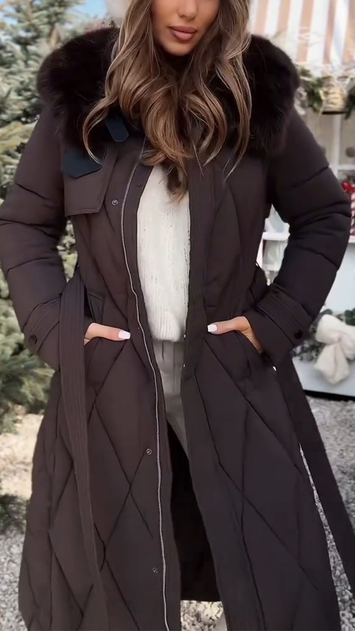 Women Fur Collar Hooded Long Style Leisure Cotton Jacket