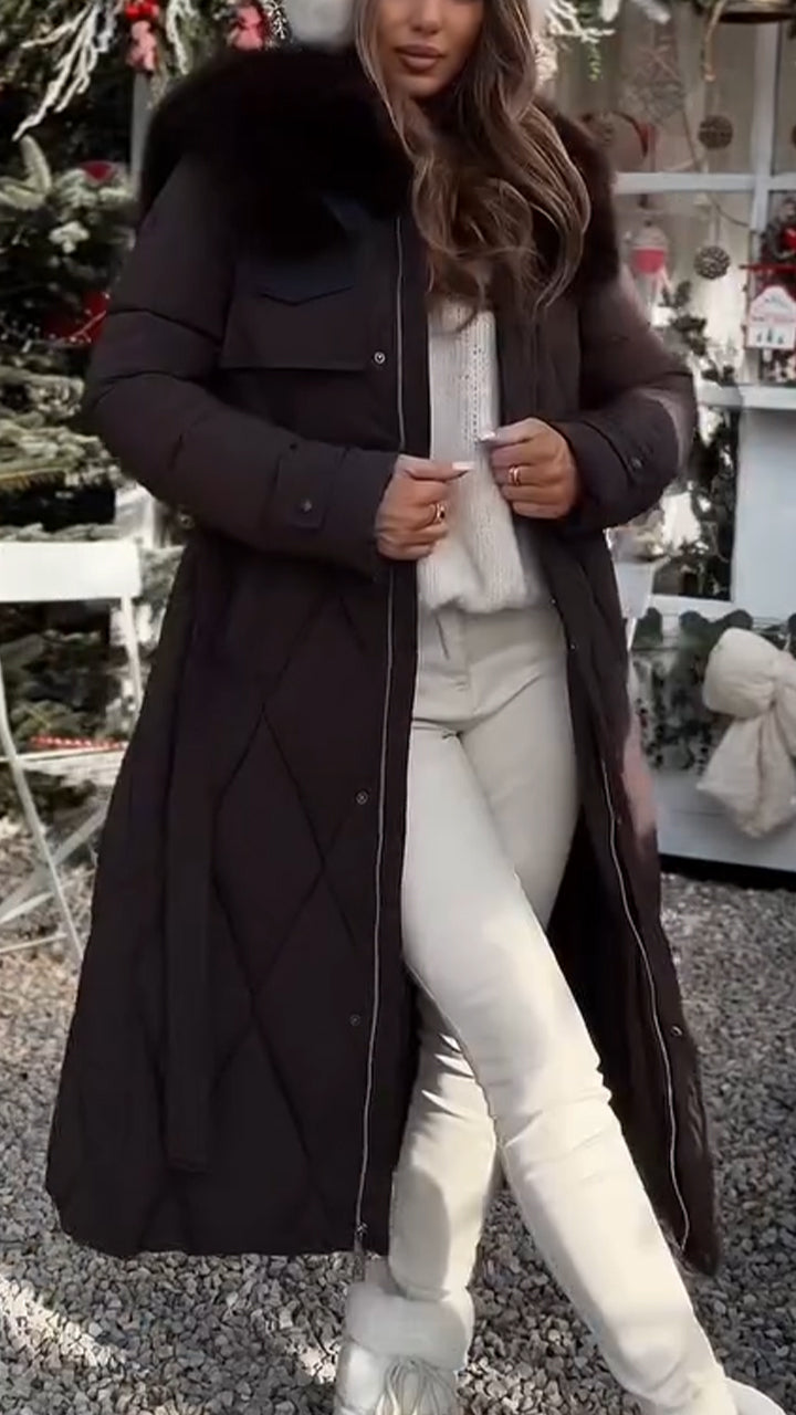 Women Fur Collar Hooded Long Style Leisure Cotton Jacket