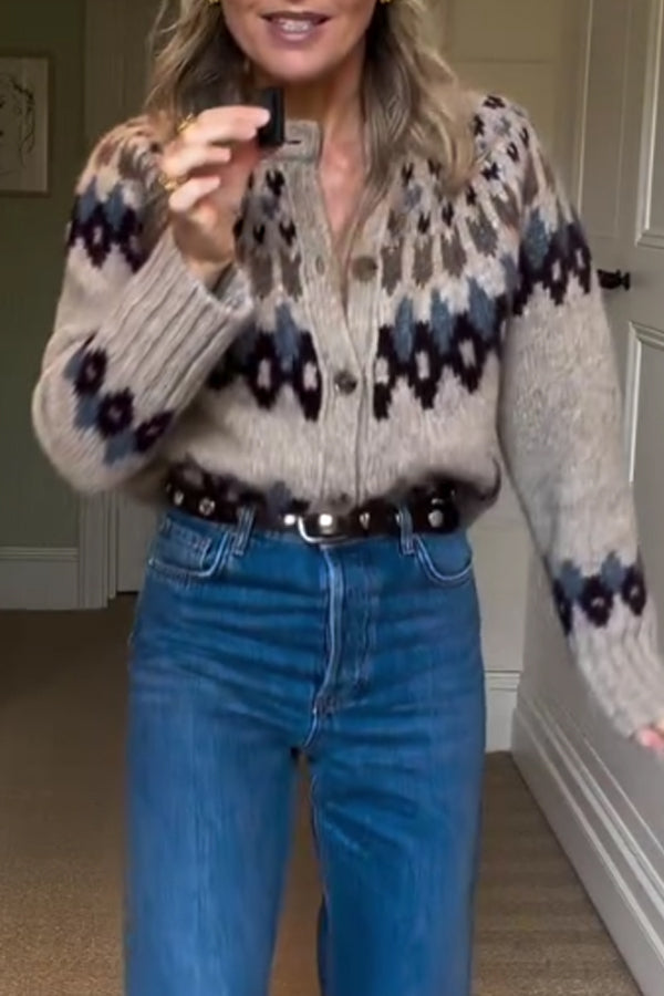 Women Retro Pattern Cardigan Sweater