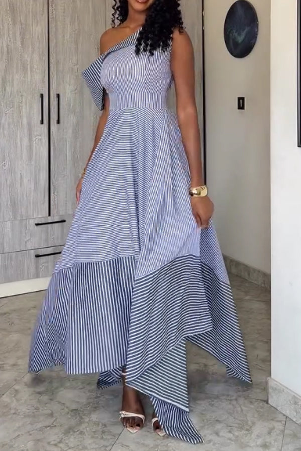 Women Elegant Striped Asymmetrical Off-Shoulder A-line Dress