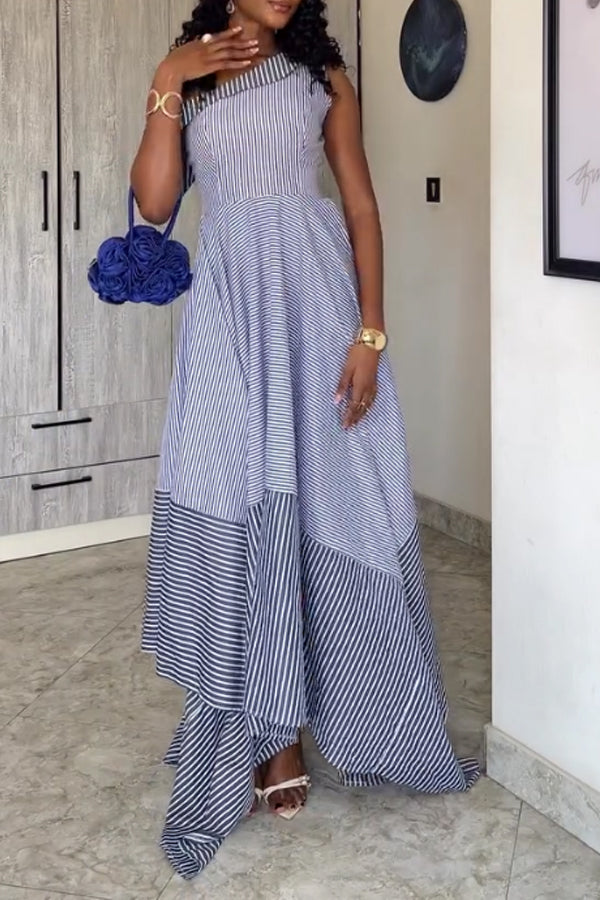 Women Elegant Striped Asymmetrical Off-Shoulder A-line Dress