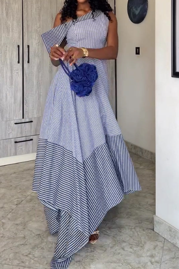 Women Elegant Striped Asymmetrical Off-Shoulder A-line Dress