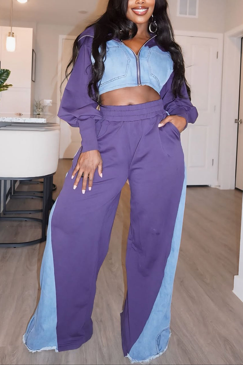 Ladies Collar Splicing Denim Casual Set