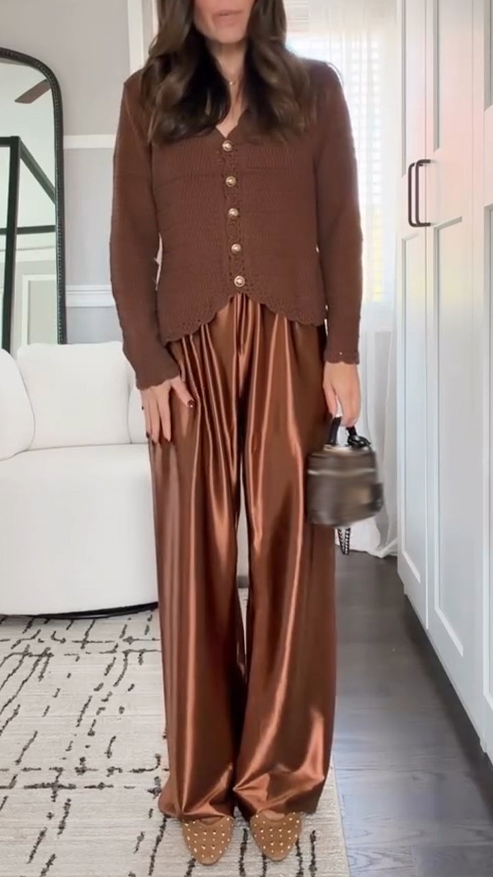 Women V-neck Button Knit Cardigan+ Pants Casual Set